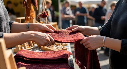 Hands picking up artisanal products at a local market. Concept of craftsmanship, community commerce, handmade goods, and sustainable local shopping culture.