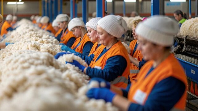 Workers Sorting and Processing Wool in a Textile Factory with Focus on Quality Control and Attention to Detail