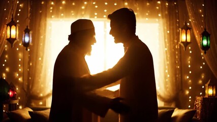 A dramatic, warm silhouette captures a muslim father and son embracing forgiveness during eid al-fitr, transcending their emotional prison.