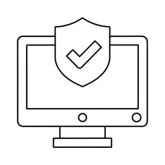 Computer screen with shield icon and check mark symbolizing digital security and verified data protection status