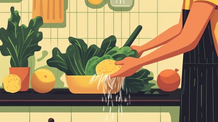 Woman preparing fresh vegetables in a kitchen with bright lighting and color