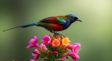Obraz premium Exotic bird landing on tropical flowers. Concept of wildlife beauty, vibrant nature, bird behavior, tropical ecosystem, and colorful outdoor environment.