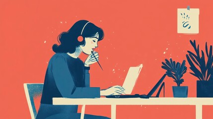 Woman using laptop with headphones at desk with plants and paper