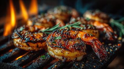 Grilled shrimp with herbs cooking over an open flame on a barbecue grill.