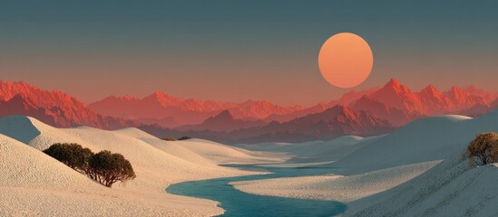 Desert landscape at sunset, with a large orange sun and a winding blue river.  Sandy dunes, red mountains