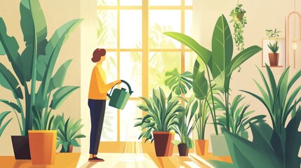Woman watering plants in bright interior with sunlight and greenery