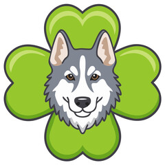 Husky Dog with Clover Cartoon Illustration St Patricks Day Good Luck Symbol Pet Icon