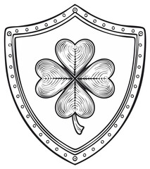 Engraved Four Leaf Clover on a Shield Symbol of Luck Black and White Line Art Illustration
