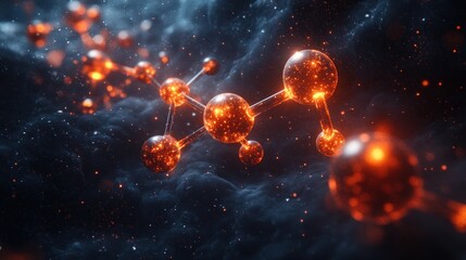 Glowing molecule structure floating in a dark, cloudy, particle-filled space