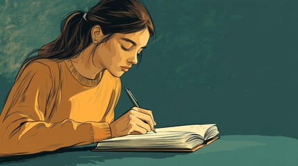Woman writing in a notebook focused and concentrating with pen on paper