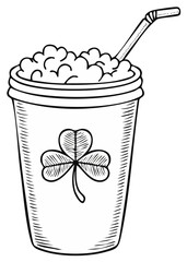 Hand drawn illustration of a festive beverage with a clover leaf emblem and straw
