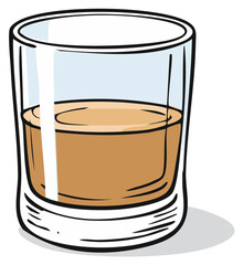 Cartoon illustration of a short glass filled with amber liquid beverage