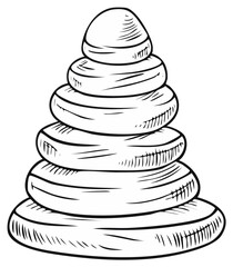 Black and white line art of a traditional kids stacking ring pyramid toy