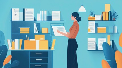 Woman working with documents in an office setting with shelves and desk