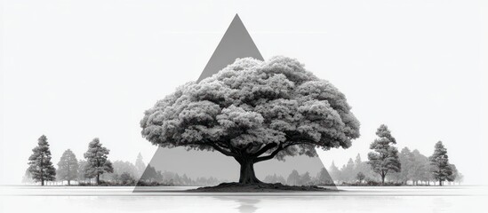 Majestic Tree in a Monochromatic Landscape with Geometric Shape Overlay