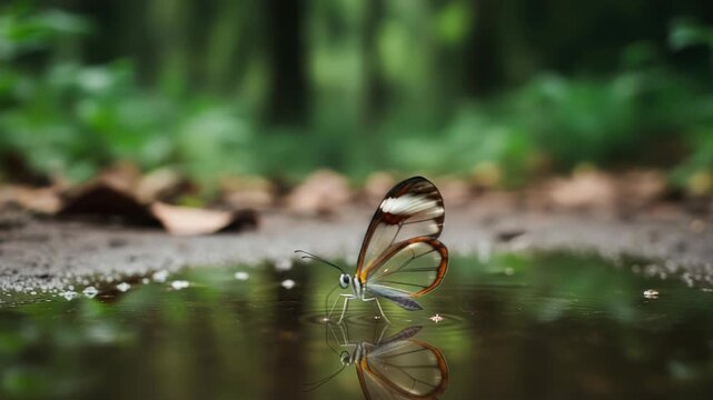 Glasswing butterfly drinks water from puddle, reflection in water, macro shot, nature, forest background