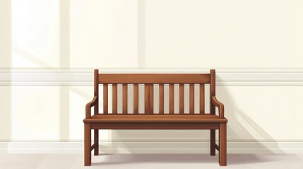 Wooden bench against white wall with sunlight minimalist design