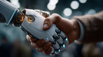 Artificial Handshake of Future : A groundbreaking moment unfolds as a human hand and a robotic hand come together in a firm handshake. This image symbolizes the collaborative spirit of the future