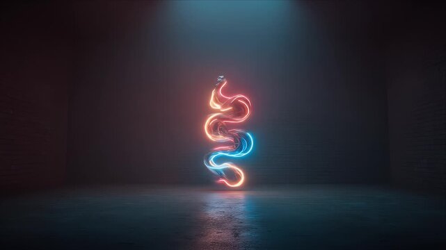 A neon snake sculpture illuminated by a spotlight stands in the center of a dark room.