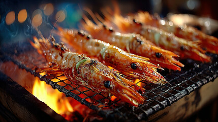 Grilled shrimp cooking over open flame on a barbecue grill.