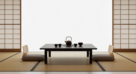 障子から差し込む柔らかな光が和室の茶器を静かに照らし美しさと静寂が漂う日本の伝統的な空間. AI Generated