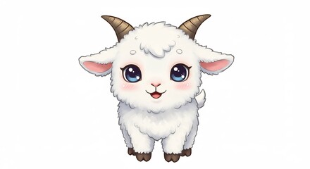 かわいい白い子ヤギのイラスト大きな瞳がキラキラ輝くアニメ調のふんわりした動物キャラクター. AI Generated