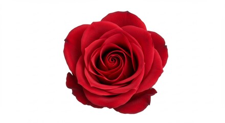 純粋な白い背景に鮮やかな深紅のバラが優雅に咲き誇る柔らかな光が花びらの美しい層と質感を見事に際立たせる洗練された一枚. AI Generated