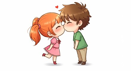 可愛らしいカップルが愛情込めてキスする瞬間を描いたイラスト明るい雰囲気と心が温まる光景. AI Generated