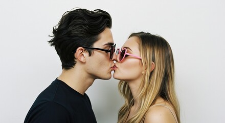 明るい照明の下でサングラスの男女が微笑みながらキス若々しくスタイリッシュな雰囲気. AI Generated