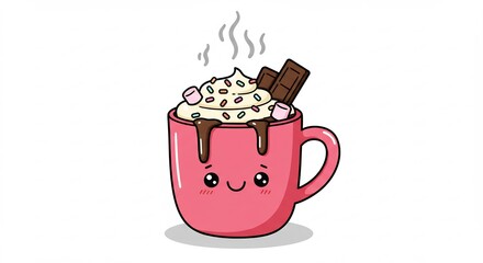 可愛い笑顔のピンクのマグカップから湯気が立つ甘いホットチョコレートホイップとチョコが飾る温かい飲み物のイラスト. AI Generated