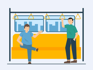 Two men on a subway train. Commuter illustration. Flat vector concept.