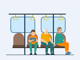 Diverse people riding on a subway or metro train. Commuter illustration. Flat vector concept.