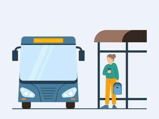 Woman person waiting at a bus stop for public transportation. Commuter illustration. Flat vector concept.