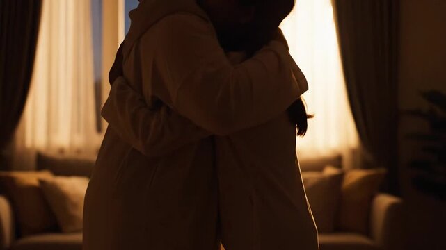 Silhouetted muslim family embracing warmly in a backlit home, symbolizing forgiveness during the spiritual eid.