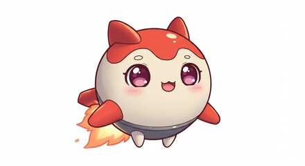 シンプルで明るい空間を元気に飛び回る赤と白のキュートな丸いキャラクターイラスト. AI Generated