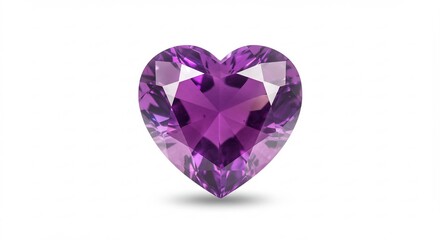 純白の背景で眩い輝きを放つ優美なハート型アメジスト宝石 透明感あふれる深紫色の石は丁寧に研磨され光を多面的に反射 繊細なカット面が鮮烈な光沢を織りなし愛と癒しをもたらすと言われる高貴な宝石の輝き. AI Generated