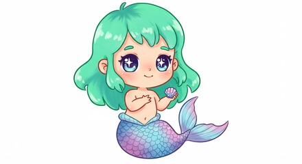 きらめく大きな瞳とミントグリーンの髪が愛らしいデフォルメ人魚イラスト青紫のグラデーションの尾ひれを輝かせ小さな貝殻を優しく手に持つポップで明るい雰囲気. AI Generated
