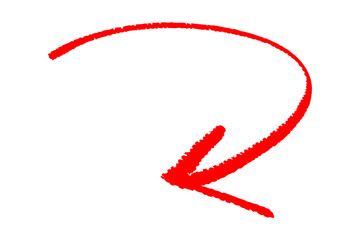 赤い手描き筆描きの左向きカーブ矢印 強調や注意を引くマーキングアイコン