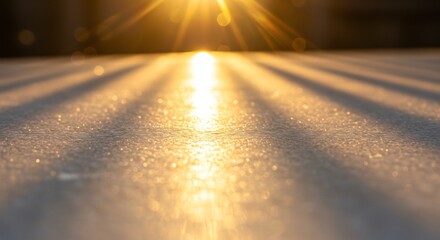 朝日に輝く雪面を低く差し込む黄金色の光線がまばゆく照らし直線的に伸びる美しい影の模様を鮮やかに描く冬景色. AI Generated
