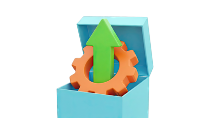 3D Rendering of Gear and Upward Arrow Emerging from a Box