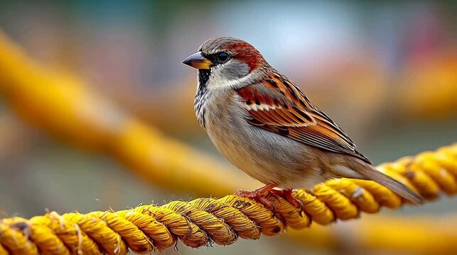 Sparrow perched on a rope
