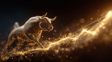Bull on the Rise: A dynamic image symbolizing market growth, with a powerful bull charging forward amidst golden light trails, representing prosperity and financial progress.