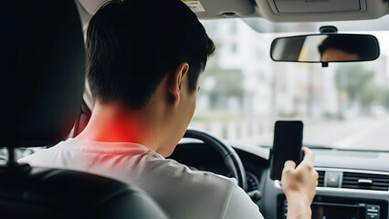 Distracted Driver on Smartphone with Neck Pain. Text Neck and Road Safety Concept.