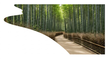 高く伸びる竹が織りなす緑のトンネルを抜ける小道木漏れ日が優しく照らす静かな風景. AI Generated