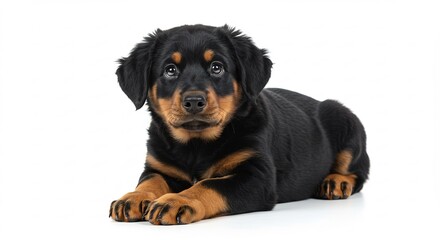 白い背景に横たわる小さなロットワイラーの子犬が無邪気な瞳でカメラを見つめる姿がたまらなく可愛らしく心を和ませる. AI Generated