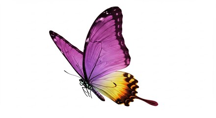 鮮やかに輝く紫と柔らかな黄色が織りなすグラデーションの羽を持つ美しい蝶が純粋でクリーンな白背景に優雅に舞い上がり明るい光を受けてその色彩が一層鮮やかに際立つ息をのむような幻想的な瞬間を捉えた一枚. AI Generated