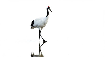 息をのむほど真っ白な世界を静かに滑るように優雅に歩む一羽のタンチョウ鶴澄み切った水面に鮮明に映るその孤高な姿が洗練された美しさを際立たせる印象的なハイキー写真. AI Generated