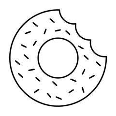 Simple black and white outline icon of a delicious frosted donut with a bite taken out of it