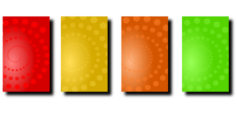 Collection of Four Vibrant Card Backgrounds with Hexagon Spiral Patterns in Red Yellow Orange and Green Hues