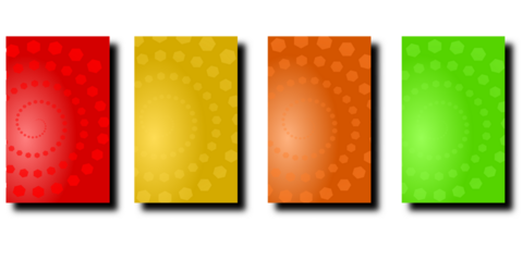 Collection of Four Vibrant Card Backgrounds with Hexagon Spiral Patterns in Red Yellow Orange and Green Hues